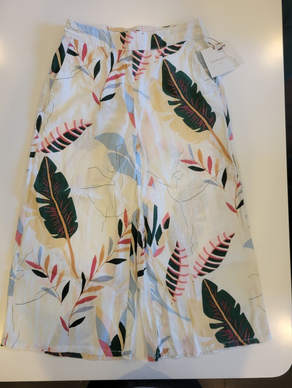 Cynthia Rowley Women’s White Tropical Print Linen Pants New With Tags Size Large